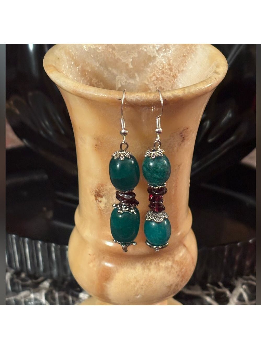 NWT Artisan Emerald & Garnet Dangle Earrings • In Bloom Collection • 925 Hooks - Picture 3 of 10